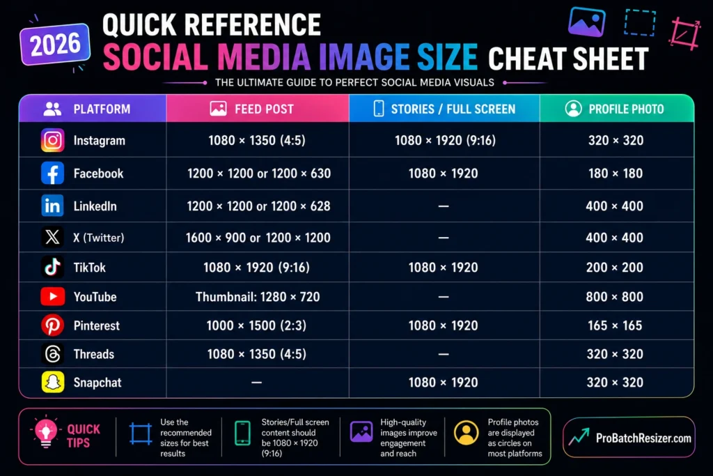 Quick Reference Social Media Image Size Cheat Sheet 2026